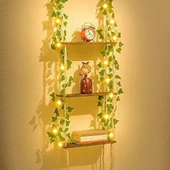 3 Tier Macrame Wall Hanging Shelves Artificial Leaves, Handmade Wooden Floating - Picture 7 of 7